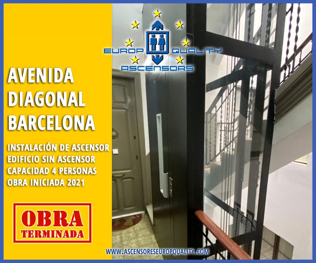 Se entrega la obra de la Avenida Diagonal en Barcelona, donde se ha conseguido instalar un ascensor eléctrico acristalado de 4 personas de capacidad en un edificio antiguo sin ascensor, debiendo recortar la escalera para hacer hueco suficiente para la cabina.